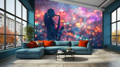 A silhouette of a woman playing the saxophone against a vibrant city skyline at night, with colorful bokeh lights and a smoky atmosphere. Wall mural