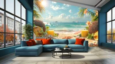 A tropical beach scene featuring fresh fruits like watermelon, oranges, and coconuts, along with tropical drinks, seashells, and starfish on sandy shores, with a vibrant ocean backdrop. Wall mural