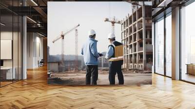 architect and structural engineer in orange work vests and helmets discuss a building project on the open air building site with a lot of steel frames. Generative ai. Wall mural