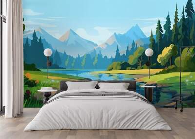 Beautiful mountain lake scenery with clear still water, mountain ridge, dense forest, meadow shores and tall pine trees in the foreground. Generative Ai. Wall mural