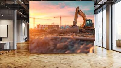 Excavator on construction site at sunset with cranes in background. Wall mural