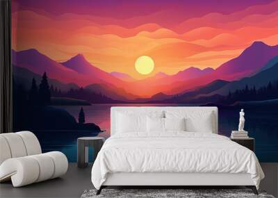 Illustration of stunning landscape minimalism vector art. Purple colors, sunset. View of the lake and mountains. Generative ai. Wall mural