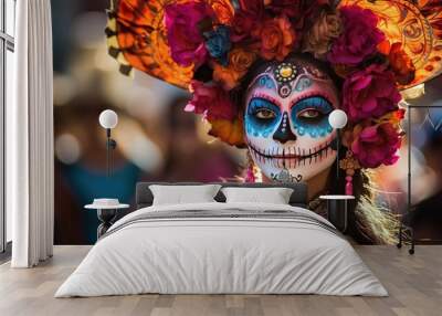 Portrait of a young woman with ceremonial make-up also known as Sugar skull, used in traditional Mexican Dia de los Muertos celebration Wall mural