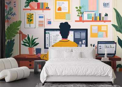 Remote Work Revolution. New era of remote work with a professional seamlessly integrating technology into their work-from-home setup. Wall mural