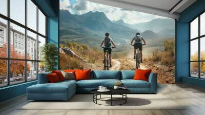 Two cyclists riding mountain bikes on a dirt trail through a scenic mountainous landscape with lush greenery and dramatic clouds in the sky. Wall mural