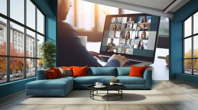 Virtual Meeting Video Conference. Team working by group video call share ideas brainstorming negotiating use video conference, pc screen view multi ethnic young people. Wall mural