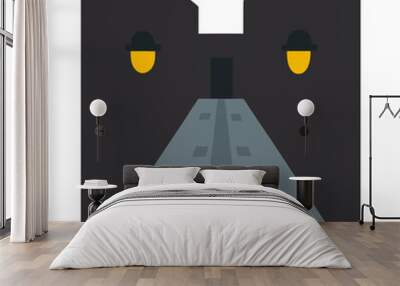 an abstract representation that resembles a cat's face. The design uses geometric shapes and colors to create this effect. The two dark walls on either side form the sides of the cat's face Wall mural