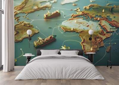 A 3D map of the world with a few trading ships on it Wall mural