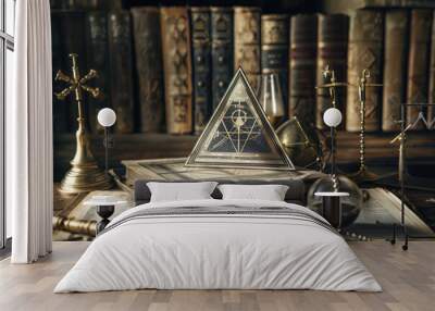 A bookcase with a masonic pyramid on top of it Wall mural