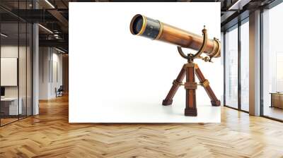 A classic, vintage telescope with intricate detailing, mounted on an elegant, dark wooden tripod stand. Wall mural