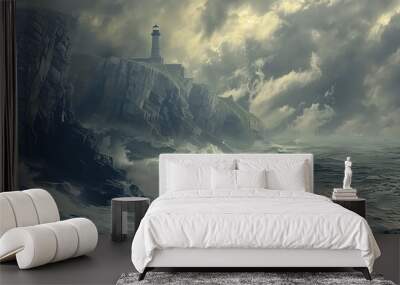 A stormy ocean with a lighthouse in the distance Wall mural