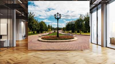 Green city park in Europe. Lanterns and park benches Wall mural