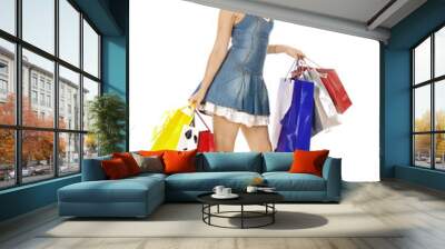 lovely woman with shopping bags over white Wall mural