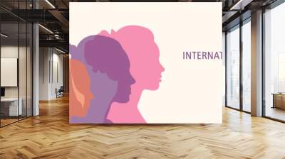 Horizontal banner for International Women's Day. Silhouettes of women of different nationalities standing side by side.Vector illustration. Wall mural