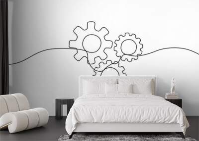 Moving gears one continuous editable line. Circular dynamic wheels , template for business collaboration concept. Single line vector illustration of gear wheels gears Wall mural