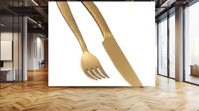 Set of gold fork and knife isolated on a white background Wall mural