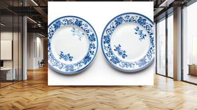 Two blue and white plates with flowers on them Wall mural