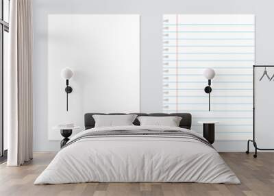 Realistic sheets of paper set. Notebook or book page, sheets from a notebook. Torn sheet of paper from a workbook. Paper sheets with lines, squares for memo. Vector. EPS10. Wall mural