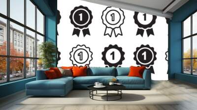 Set of approved or certified medal icons. Approval check signs, verified, quality symbol. Certified, qualified, the best, check mark and number one. Vector. Wall mural