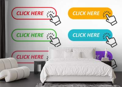 set of click here vector buttons. hand pointer clicking cursor. colorful web buttons. hand finger cl Wall mural