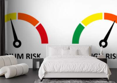 Set of colorful speedometer icons. Speedometer or tachometer signs. Speed indicator, scale from green to red. Risk meter. Minimum to maximum on speedometer. Wall mural