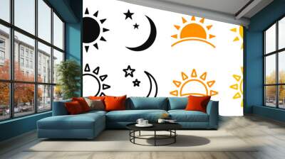 Set of time of the day icons. Rising and setting sun, crescent moon and stars, day and night time symbols. Wall mural