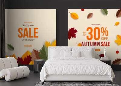 Autumn sale banner set. Card or poster with leaves. Template for advertising, web, social media. Vector illustration. Wall mural