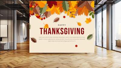 Happy thanksgiving greeting banner design template. Autumn background with pumpkin and dry fall leaves. Vector illustration Wall mural