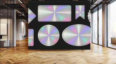 Holographic color sticker set with copy space. Shiny rainbow hologram tag or label of different shapes. Vector isolated template. Wall mural