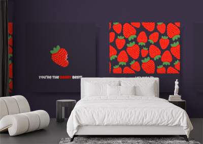 Set of cute summer cards with red strawberries with funny phrases. Vector illustration on dark background Wall mural