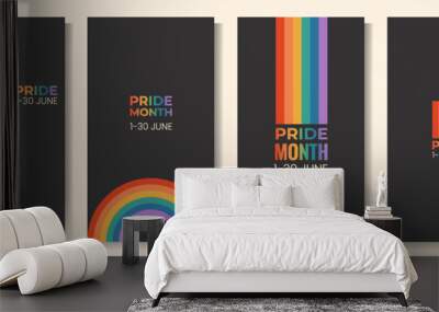 Set of LGBTQ pride month vertical banner, card, poster template with rainbow flag. Gay parade celebration. Vector illustration on black background Wall mural