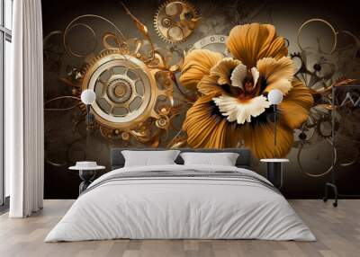  clock background, generative, ai, machine, mechanical, red, gold, flower Wall mural