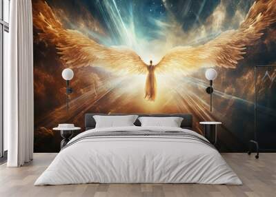 .Glowing light flying angel in heaven. Religion spiritual faith mythology vibe Wall mural