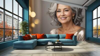 A beautiful older woman with gray hair and beautiful makeup smiles in a festive setting Wall mural