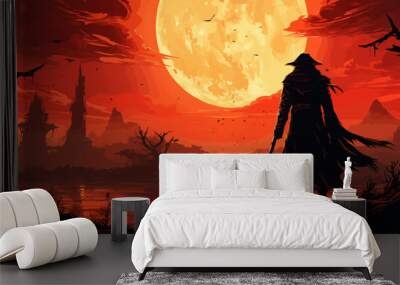 A man is standing in front of a large red moon Wall mural