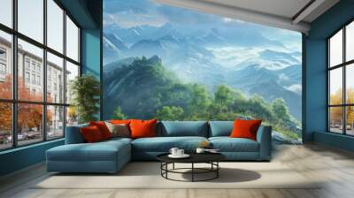 A photorealistic image of a breathtaking view from a mountaintop, showcasing the vastness and grandeur of the natural world. Wall mural