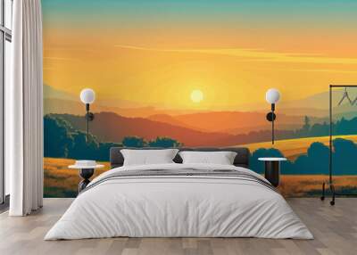 A radiant sunrise casting long shadows over a peaceful meadow. Vector flat minimalistic isolated Wall mural