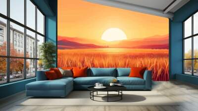 A radiant sunset casting long shadows over a field of golden wheat. Vector flat minimalistic isolated illustration. Wall mural