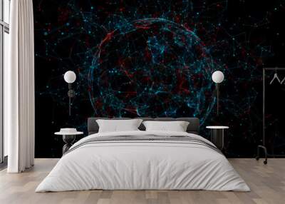 Abstract blue sphere on black background. Wireframe circle structure with glowing particles. Futuristic digital illustration. 3D rendering. Wall mural