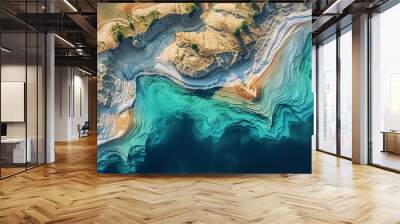 Aerial view of abstract water formation along the coastline of Elton Lake, a large salt lake with minerals in Vengelovskoe, Volgograd Oblast, Russia. Wall mural