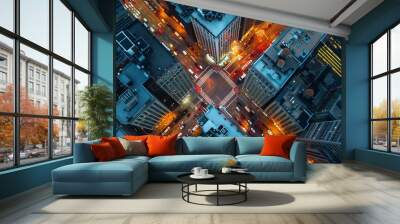 Aerial view of office buildings and traffic in downtown at night Wall mural