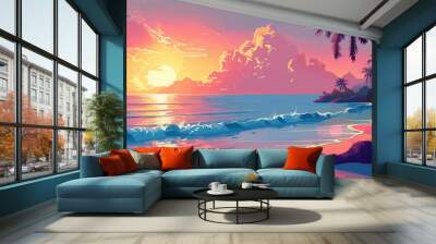 An idyllic beach and ocean landscape on a tropical island with palm trees and coconut trees in the sunset light. vector simple illustration Wall mural