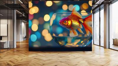 An orange goldfish in a round glass bowl with vibrant bokeh lights in the background, creating a stunning visual contrast between the animated fish and the glowing ambiance. Wall mural