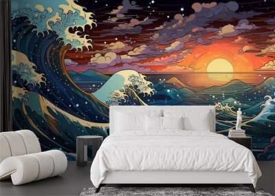 Anime waves on the ocean, moon in the sky Wall mural