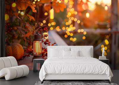 Autumn composition with pumpkins, glowing lantern, garland, decoration at the wooden table of backyard, patio. Cozy fall background. Halloween. Generative ai Wall mural