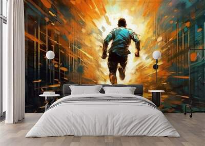 back view of man running with motion effect, digital art atyle, illustration painting Wall mural