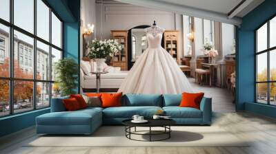 Beautiful stylish wedding dress, bridal dress hanging on mannequin in luxury boutique. Fashion look. Interior of bridal salon. Wall mural