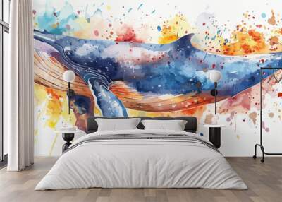 Beautiful whale hand drawn watercolor illustration sea animals Wall mural