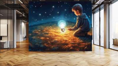 Boy pulled the big bulb half buried in the ground against night sky with stars and space dust, digital art style, illustraation painting Wall mural