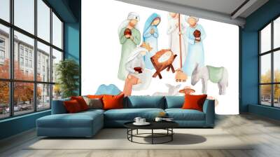 Christmas Nativity scene with Baby Jesus, Virgin Mary, Joseph, Three Wise King Men. Bible scene for religious cards.  Wall mural